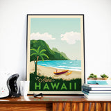 Affiche Voyage Vintage Hawaii Etats-Unis | Maui Honolulu | Plage Surf