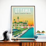 Vintage Reise-Plakat-Stadt Ottawa Ontario Kanada | Parlament Hügel